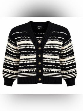 Papillon Black & Cream Pattern Knit Cardigan Sweater XXL Button Front Cozy